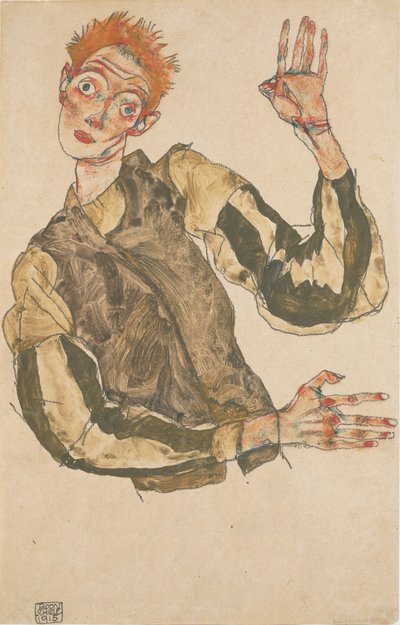 Selvportrett med stripete ermebeskyttere av Egon Schiele