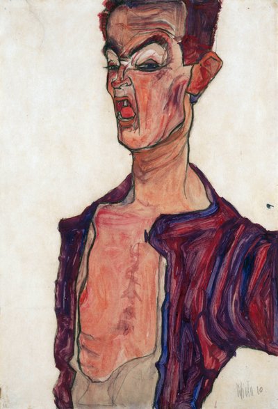 Selvportrett, grimasering - Schiele, Egon (1890-1918) - 1910 - Gouache på papir - 45,3x30,7 - Leopold Museum, Wien av Egon Schiele