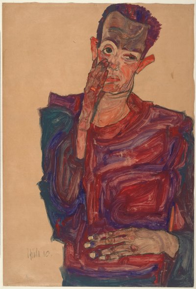 Selvportrett med øyelokk trukket ned, 1910 av Egon Schiele