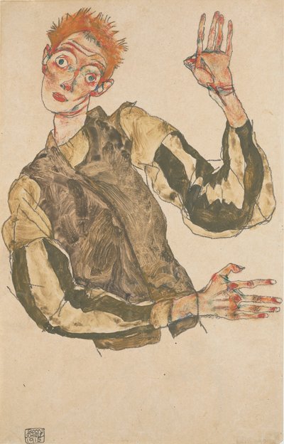 Selvportrett med stripete armbind, 1915 av Egon Schiele
