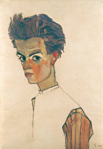 Selvportrett med stripet skjorte, 1910 (grafitt og wc på papir) av Egon Schiele