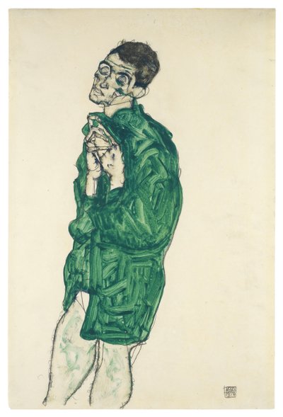 Selvportrett i grønn skjorte med lukkede øyne, 1914 av Egon Schiele