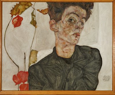 Selvportrett med kinesisk lykt og frukt (maleri på tre) av Egon Schiele