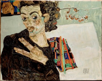 Selvportrett med fingrene fra hverandre. Maleri av Egon Schiele av Egon Schiele