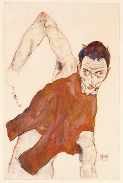 Selvportrett i en rykk med høyre albue hevet, 1914 av Egon Schiele