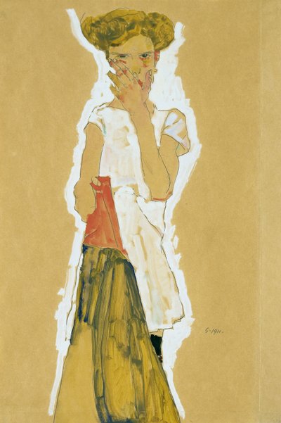 Stående jente i hvit underkjole av Egon Schiele