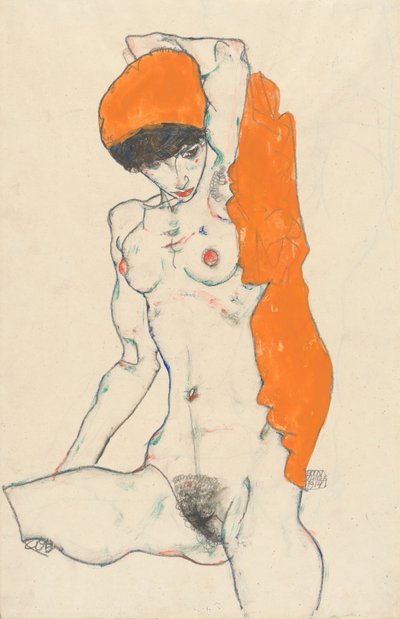 Stående naken med oransje draperi, 1914 (wc, gouache og grafitt på papir) av Egon Schiele