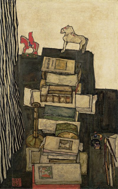 Stilleben med bøker Schieles skrivebord, 1914 av Egon Schiele