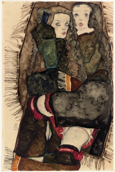 To jenter på et frynsete teppe; To jenter på et teppe med frynser, 1911 av Egon Schiele