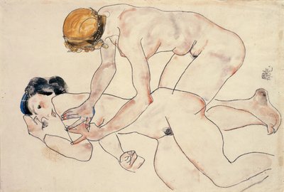 To kvinnelige nakenbilder, liggende og knelende av Egon Schiele