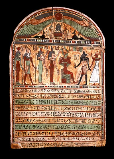 Egyptisk antikvitet: begravelsesstele til en yppersteprest: Osiris ønsker den avdøde tilstedeværende i Anubis velkommen, bak ham gudene Isis, Nephtis (Nephtys eller Neftis), Horus, Hathor. 3.-2. århundre f.Kr. Torino, egyptisk museum - egyptiske antikvitet av Egyptian