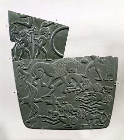 Slagmarkpaletten, som viser fanger og drepte ofre for kamp, sistnevnte tvangsforsøket av ville dyr, sent predynastisk til 1. dynasti, ca. 3100 f.Kr. (grå skifer) av Egyptian