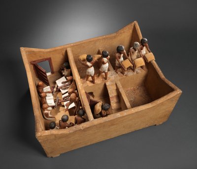 Modell av et kornkammer med skriftlærde fra graven til Meketre, ca. 1981–1975 f.Kr. (tre, gips, maling, lin, korn) av Egyptian 12th Dynasty