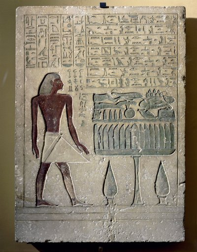 Malt kalksteinsstele som viser Senusret ved offerbordet hans av Egyptian 12th Dynasty