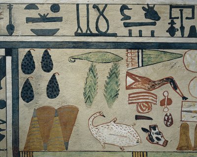 Paneldetalj som representerer ulike mattilbud, fra Sarcophagus of Irinimenpu av Egyptian 12th Dynasty