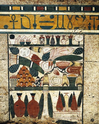 Pusset, malt trepaneldetalj med haug med begravelsesoffer, fra Sarcophagus of Ibi av Egyptian 17th Dynasty