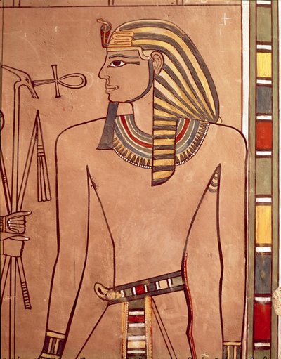 Amenhotep II (ca. 1427-1392 f.Kr.) med en ankh hevet til leppene, fra sarkofagkammeret i graven hans, New Kingdom (malt kalkstein) av Egyptian 18th Dynasty