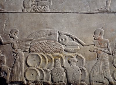 Arrangering av mat i varehus, relieff av kalksteinsvegger, fra Memphite Tomb of Horemheb ved Saqqara, Egyptian Civilization, New Kingdom, Dynasty XVIII av Egyptian 18th Dynasty