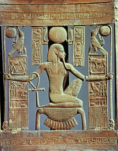 Stolrygg fra graven til Tutankhamon (ca. 1370-52 f.Kr.) som viser ånden fra millioner av år, New Kingdom (cederwood) (se også 227983) av Egyptian 18th Dynasty