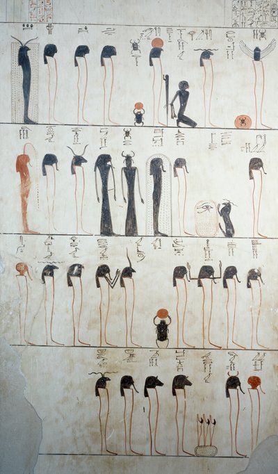 Skildring av Litany of Ra, detalj av fresker i gravkammeret til Tomb of Tuthmosis III, Valley of Kings, Luxor, Theben (Unescos verdensarvliste av Egyptian 18th Dynasty