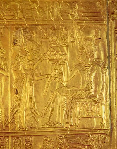 Detalj fra Golden Shrine, fra Tutankhamons grav (ca. 1370-1352 f.Kr.) New Kingdom (tre overlagt med gesso dekket med arkgull) av Egyptian 18th Dynasty