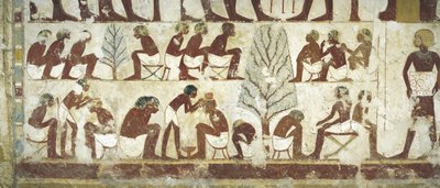 Egypt, Theben, Luxor, Sheikh 'Abd al-Qurna, graven til kongelig skriver Userhat, Vestibyle, veggmalerier, Barberere på jobb under platantrær av Egyptian 18th Dynasty