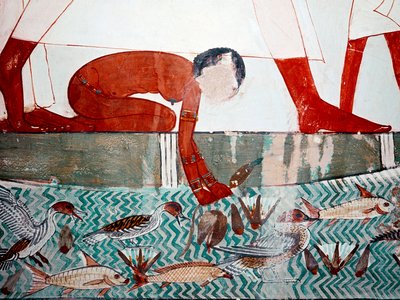 Egyptisk kunst: Mennas grav. Fiskescene, detalj. En naken hushjelp plukker en lotusblomst (18. dynasti) Fresco of Luxor (Tebens sted, Sheikh Abd al-Gournah (Gournah), venstre bredd av Nilen, Egypt. av Egyptian 18th Dynasty