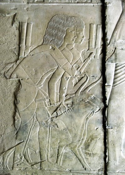 Egyptisk antikvitet: kobles fra graven til Kha em Het (Khaemhat) loftsinspektør og skriver til hoffet til Amenophis III (TT57) som representerer menn som ofrer betehoder som et offer. 18. dynasti. 1530-1290 f.Kr. Vallee des Nobles. Luxor, Vestbredden, f.ek av Egyptian 18th Dynasty