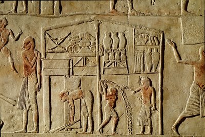 Egyptisk antikvitet: "" matvarer er lagret i varehus""" Relieff som dekorerer en grav til en høytstående tjenestemann fra det 18. dynastiet. Bologna Civico Museo Archeologico av Egyptian 18th Dynasty