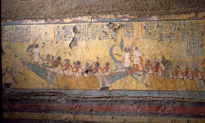 Egyptisk antikvitet: freskomaleri av graven til maleren Maia, pilegrimsreise med båt i Abydos, sitering av Osiris. 18. dynasti. Fra kapellet i Maia, Deir el-Medineh (el Medineh), New Empire Dim. 67 cm Torino, egyptisk museum av Egyptian 18th Dynasty