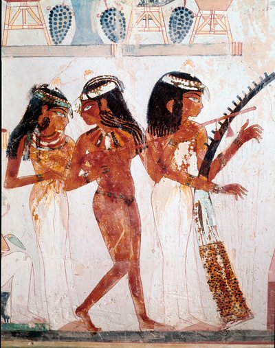 Egyptisk antikvitet: musikere. Graven til Nakht. 18. dynasti. 1410 f.Kr. Necropolis of Gournah (Sheikh Abd al-Gournah), Egypt av Egyptian 18th Dynasty
