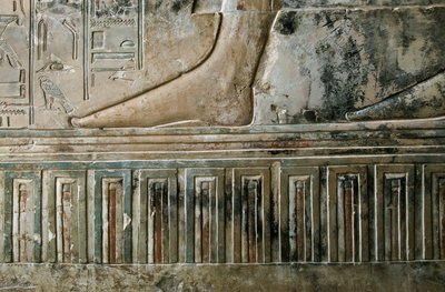 Egyptisk antikvitet: relieff som representerer foten til skriveren som forlater graven og palassfrisen til graven til Kha em Het (Khaemhat) inspektør for loft og skriver ved hoffet til Amenophis III (TT57). 18. dynasti. 1530-1290 f.Kr. Vallee des Nobles. L av Egyptian 18th Dynasty