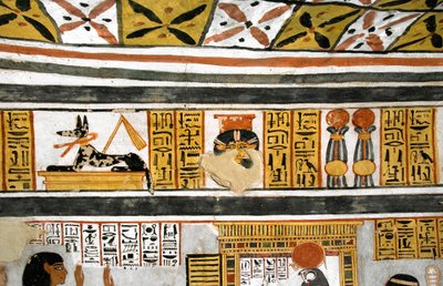 Egyptisk antikvitet: representasjon av Anubis, Hathor og hieroglyfer. Maleri av graven til Roy av Egyptian 18th Dynasty