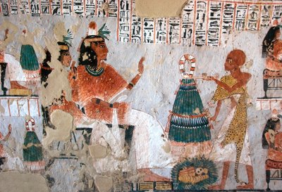 Egyptisk antikvitet: representasjon av Roy og hans kone Nebtawy overfor en yppersteprest. Maleri av graven til Roy (TT255). 18. dynasti. Fra Vestbredden av Luxor, Egypt av Egyptian 18th Dynasty