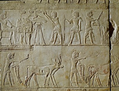 Egyptisk antikvitet: scener med arbeid på markene og ofringer til farao. Detalj av et relieff fra graven til Horemhed (cirka 1323-1293 f.Kr.) kongelig skriver av Tutankhamun. 1354-1326 f.Kr. Bologna, Civico Museo Archeologico av Egyptian 18th Dynasty