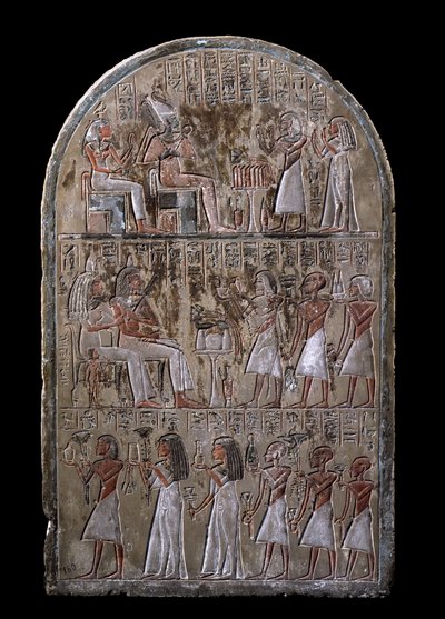 Egyptisk antikvitet: stele av Maia-paret, det nedlagte tilbudet gir gudene. 18. dynasti. Fra kapellet i Maia, Deir el-Medineh (el Medineh), New Empire Dim. 67 cm Torino, egyptisk museum av Egyptian 18th Dynasty