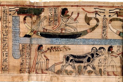Egyptisk antikvitet: navnet på avdøde Aner representerer på båten til Osiris, scene for pløying og veiing av sjeler (psykostase). Papyrus fra en dødebok, 20. dynasti, fra Theben. Torino, egyptisk museum - Det gamle Egypt: navnet på de døde av Egyptian 18th Dynasty