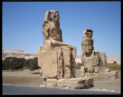 Egyptisk antikvitet: utsikt over Colossus of Memnon, periode Amenophis III, nytt imperium av Egyptian 18th Dynasty