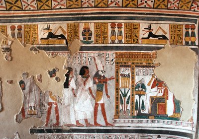 Egyptisk antikvitet: Horus guider Roy og kona til Osiris. Fragmenter av freskomaleri fra graven til Roy (TT255). 18. dynasti. Fra Vestbredden av Luxor, Egypt av Egyptian 18th Dynasty
