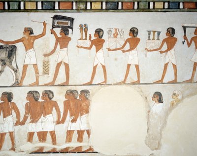 Begravelsesprosesjon, detalj fra fresker i kapellet til Mennas grav, Sheikh Abd el Qurnah Necropolis, Luxor, Theben (Unescos verdensarvliste av Egyptian 18th Dynasty
