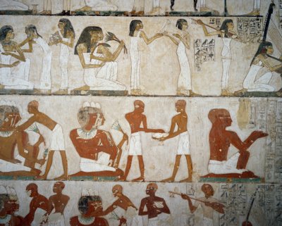 Begravelsesfest med kvinnelige musikere, damer som smykker seg med smykker, menn og musikere, Tomb of Rekhmire, Sheikh Abd el Qurnah Necropolis, Luxor, Theben (Unescos verdensarvliste av Egyptian 18th Dynasty
