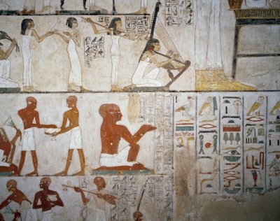 Begravelsesfest med kvinnelige musikere, menn og musikere, detalj fra freskene i graven til Rekhmire, Sheikh Abd el Qurnah Necropolis, Luxor, Theben (Unescos verdensarvliste av Egyptian 18th Dynasty
