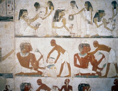 Begravelsesfest med kvinnelige musikere, kvinner som tar på seg smykker, menn og musikere, fresker i Tomb of Rekhmire, Sheikh Abd el Qurna Necropolis, Luxor, Theben (Unescos verdensarvliste av Egyptian 18th Dynasty