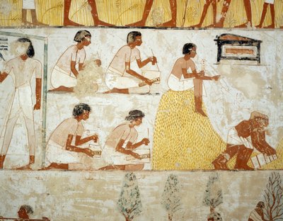 Høsting av avling, tresking og vinning av korn, detaljer fra fresker i vestibylen til graven til Menna, Sheikh Abd el Qurnah Necropolis, Luxor, Theben (Unescos verdensarvliste av Egyptian 18th Dynasty