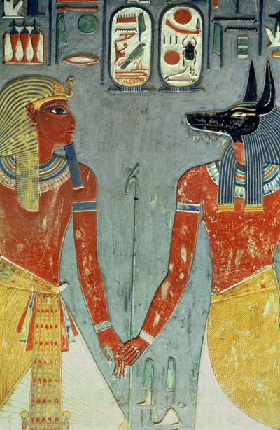 Horemheb og Anubis, fra Horemhebs grav (ca. 1323-1295 f.Kr.) New Kingdom (veggmaleri) av Egyptian 18th Dynasty