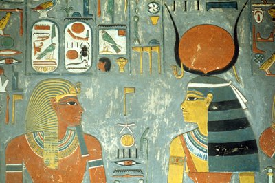 Horemheb og Hathor, fra Horemhebs grav (ca. 1323-1295 f.Kr.) New Kingdom (veggmaleri) (detalj av 218340) av Egyptian 18th Dynasty