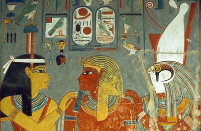 Horus, Horemheb og Hathor, fra Horemhebs grav (ca. 1323-1295 f.Kr.) New Kingdom (veggmaleri) av Egyptian 18th Dynasty