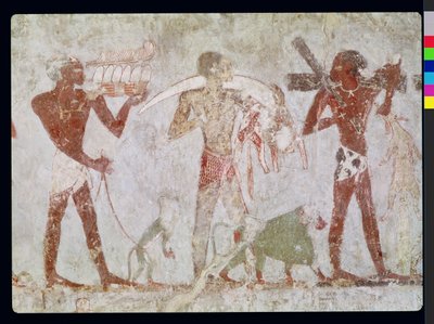 Kushites som bærer hyllest av gull, elfenben og dyreskinn, fra graven til Rekhmire, vesir av Tuthmosis III og Amenhotep II, New Kingdom (veggmaleri) av Egyptian 18th Dynasty