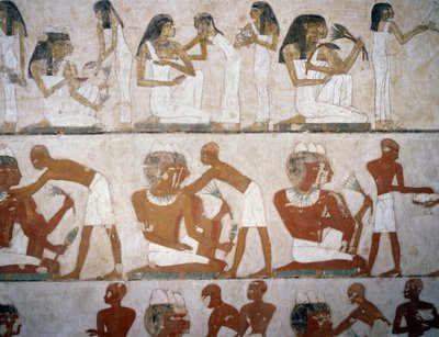Menn og kvinner tar på seg smykker, detaljer fra freskene i graven til Rekhmire, Sheikh Abd el Qurnah Necropolis, Luxor, Theben (Unescos verdensarvliste av Egyptian 18th Dynasty
