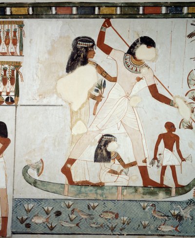 Menna og hans familie fisker og fugler i Nilens myrer, detaljer fra fresker i kapellet til Mennas grav, Sheikh Abd el Qurnah Necropolis, Luxor, Theben (Unescos verdensarvliste av Egyptian 18th Dynasty